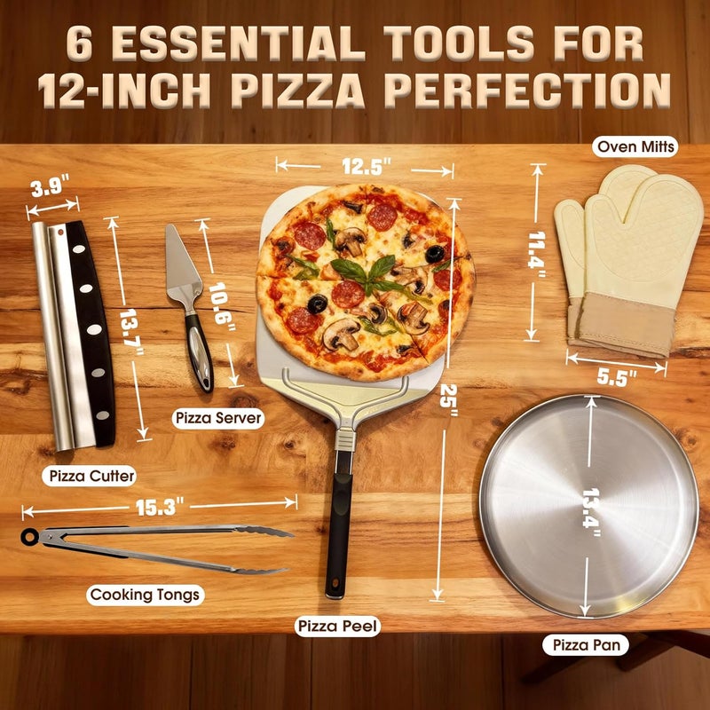 Bonteck Pizza Peel Aluminum Metal Pizza Spatula Kit | 12x14 Inch Foldable Handle Paddle | 6Pcs Pizza Oven Accessories with Rocker Cutter, Pizza Pan, Pizza Server, Oven Mitts, for Family Oven Baking - Image 2